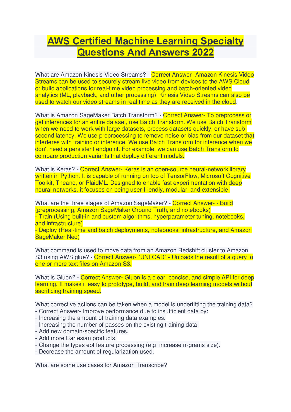 Preview image of AWS Certified Machine Learning Specialty Questions And Answers 2022 document